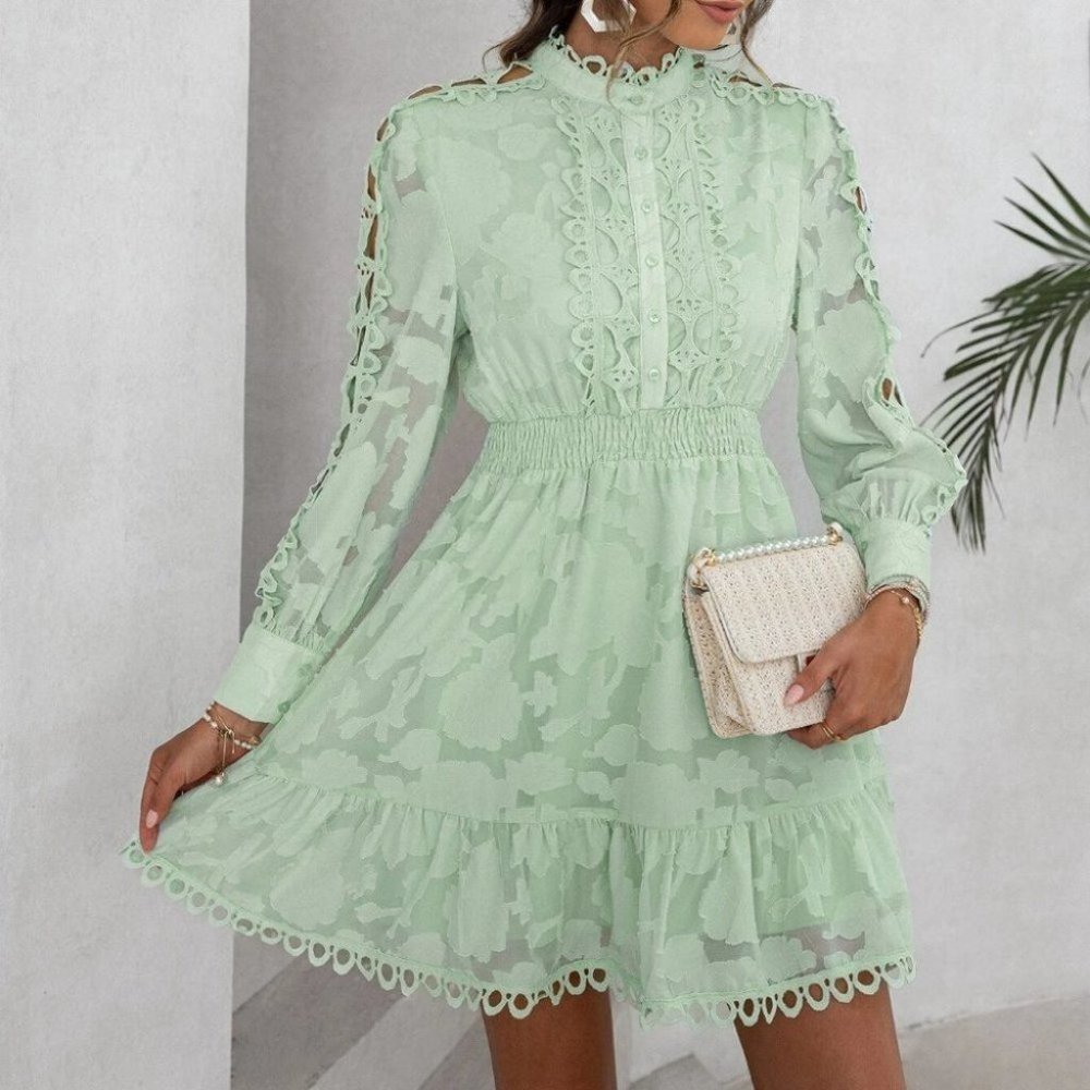 Plus & Reg Size mint green Lace Panel Long sleeve Shirred Waist Ruffle Hem Dress - Picture 5 of 7